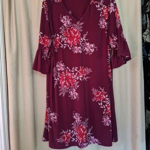 Wine Floral Print Dress with Bell Sleeves